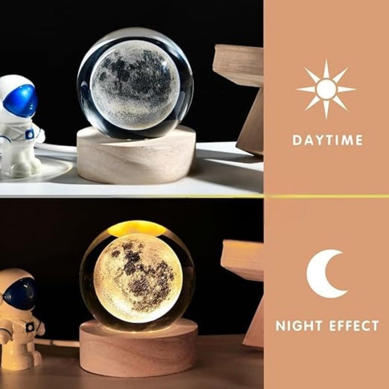 One94Store مصباح القمر الكريستالي ثلاثي الأبعاد من One94Store، كرة كريستالية منقوشة، ضوء ليلي USB LED، مصباح كريستالي خشبي لتزيين المنزل والمكتب، هدية عيد ميلاد للبالغين، ضوء أبيض دافئ - Image 4