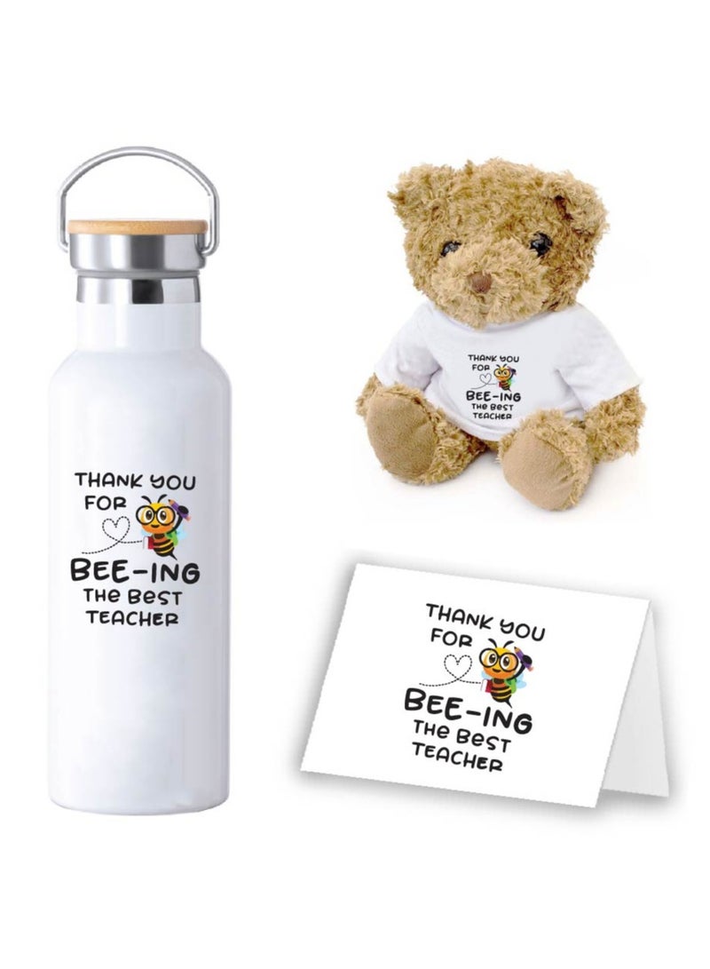 PRINTSHOP4ME Teacher's Day Pack of 3 Combo Pack - Stainless Steel Bamboo Cap Flask Bottle 600ml, Teddy Bear and Greeting Card - Teacher's Day Gift Set - Gift for World Teachers Day - Image 1