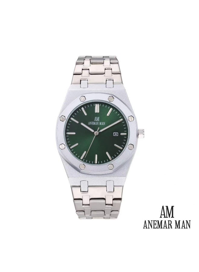 ANEMAR MAN High-quality, water-resistant men's stainless steel wristwatch with a silver strap and green dial.