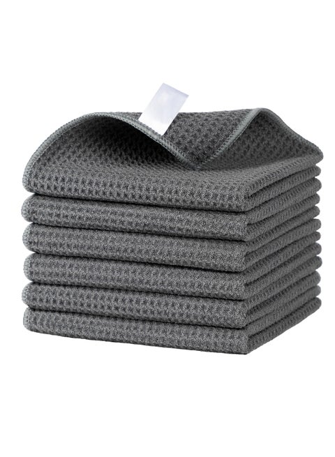 Kitchen Dish Cloths, Waffle Pattern Cleaning Cloths, 100% Cotton Reusable Absorbent Microfiber Cleaning Cloths, Lint Free Microfiber Kitchen Towels, 6 Pack (Grey, 40*40 cm)