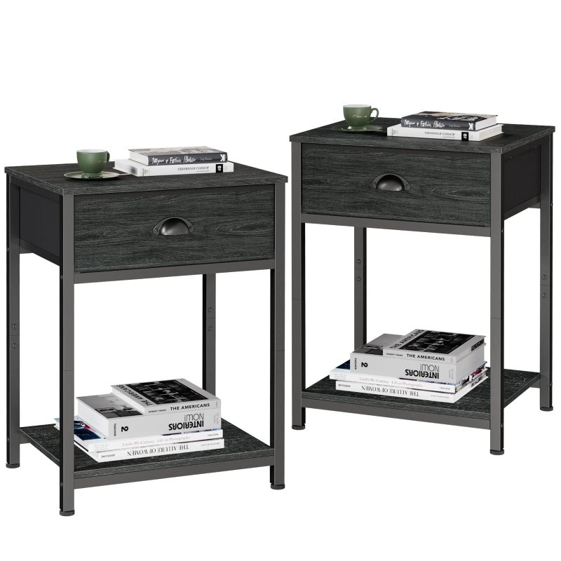 Furologee Nightstands Set of 2, Industrial End Table with Fabric Drawer&Storage Shelf, Small Bedside Table Organizer for Small Space for Living Room, Tall 23.6" Night Stand for Bedroom, Black Oak - Image 1