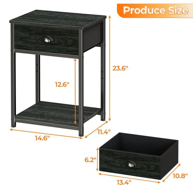 Furologee Nightstands Set of 2, Industrial End Table with Fabric Drawer&Storage Shelf, Small Bedside Table Organizer for Small Space for Living Room, Tall 23.6" Night Stand for Bedroom, Black Oak - Image 3