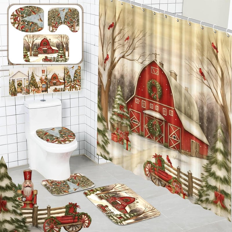 FuWeave 8 Pcs Christmas Shower Curtain Set Xmas Santa Bathroom Decoration Christmas Tree Hand Towels Snowman Toilet Lid Cover Bathroom Rugs Xmas Shower Curtain with Hooks(Farmhouse Style) - Image 1