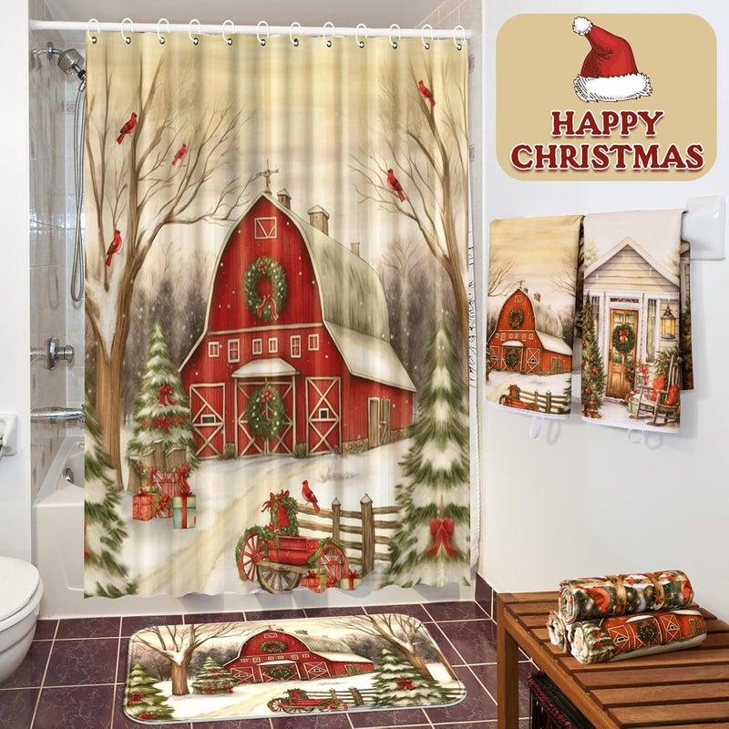 FuWeave 8 Pcs Christmas Shower Curtain Set Xmas Santa Bathroom Decoration Christmas Tree Hand Towels Snowman Toilet Lid Cover Bathroom Rugs Xmas Shower Curtain with Hooks(Farmhouse Style) - Image 5