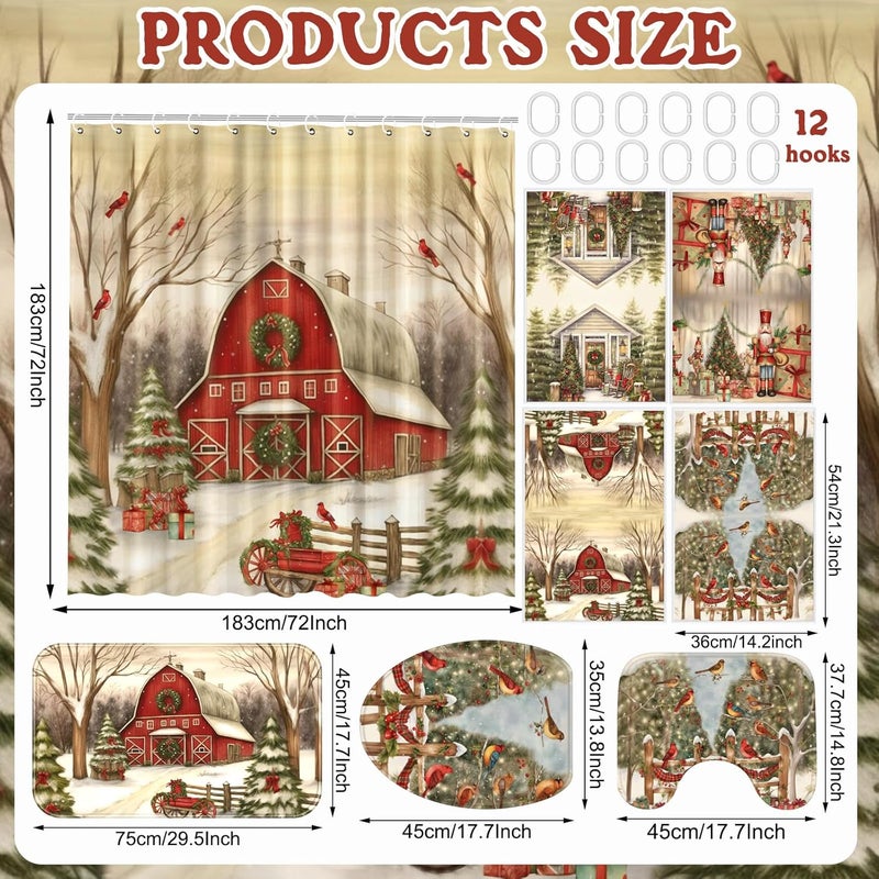 FuWeave 8 Pcs Christmas Shower Curtain Set Xmas Santa Bathroom Decoration Christmas Tree Hand Towels Snowman Toilet Lid Cover Bathroom Rugs Xmas Shower Curtain with Hooks(Farmhouse Style) - Image 2