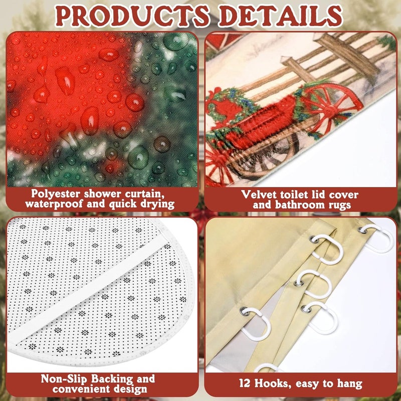 FuWeave 8 Pcs Christmas Shower Curtain Set Xmas Santa Bathroom Decoration Christmas Tree Hand Towels Snowman Toilet Lid Cover Bathroom Rugs Xmas Shower Curtain with Hooks(Farmhouse Style) - Image 3