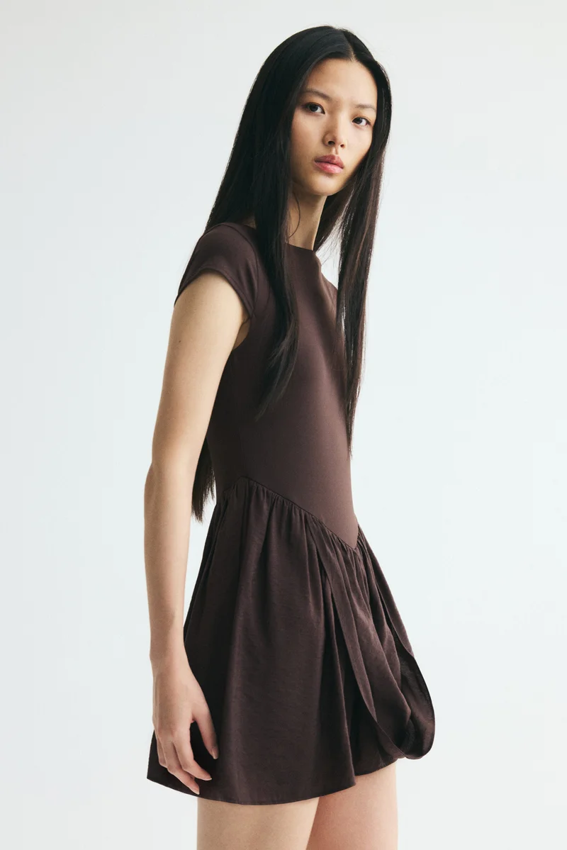 Dual-fabric draped-panel dress