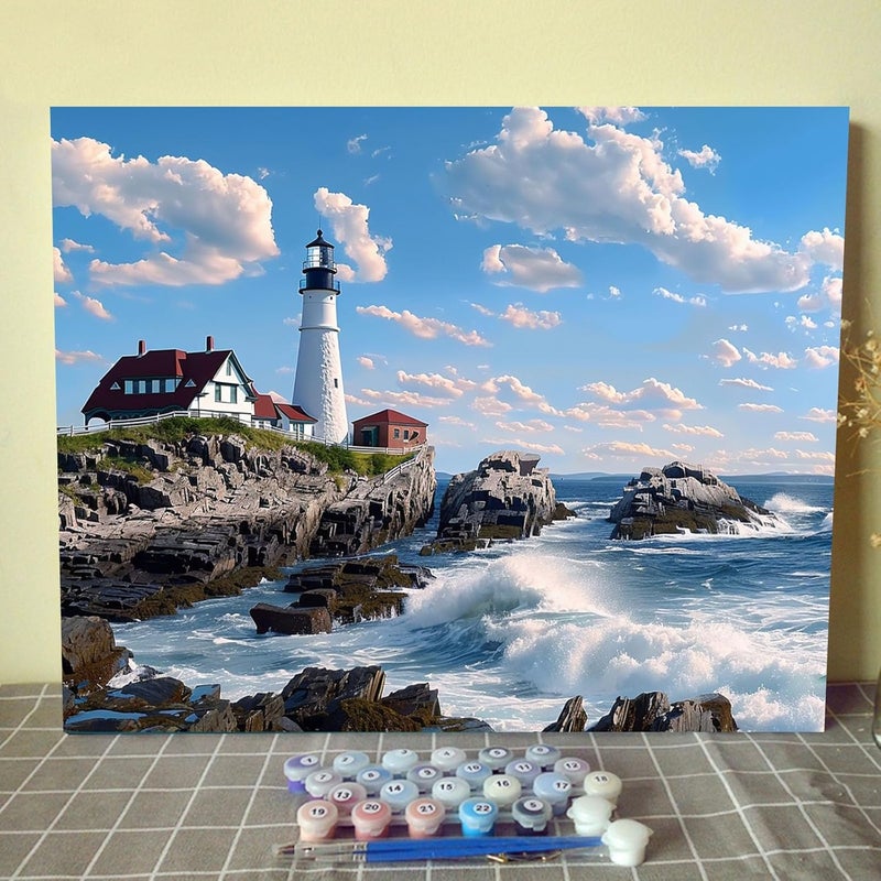 Tucocoo Portland Maine Lighthouse Painting Portland Head Light Paint by Number Kits 16 x 20 inch Canvas DIY Seascape Oil Painting for Kids Adults Beginner with Brushes and Acrylic Nordic ArtWithout Frame - Image 1