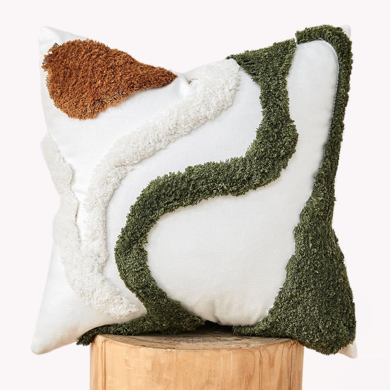lifein 18x18 Pillow Covers-Throw Pillow Covers Boho Couch Pillows Embroidered Decorative Accent Pillows Mid Century Textured Pillowcases for Couch Sofa Living Room Bed (Olive Green and Cream) - Image 1