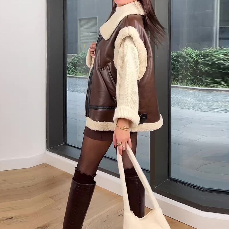 2023 Cross-Match Contrast Color Lapel Stitching Fur One Sleeveless Leather Vest - Image 4