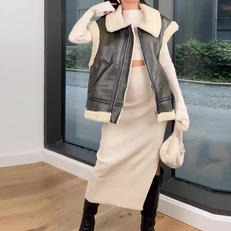 2023 Cross-Match Contrast Color Lapel Stitching Fur One Sleeveless Leather Vest - Image 5