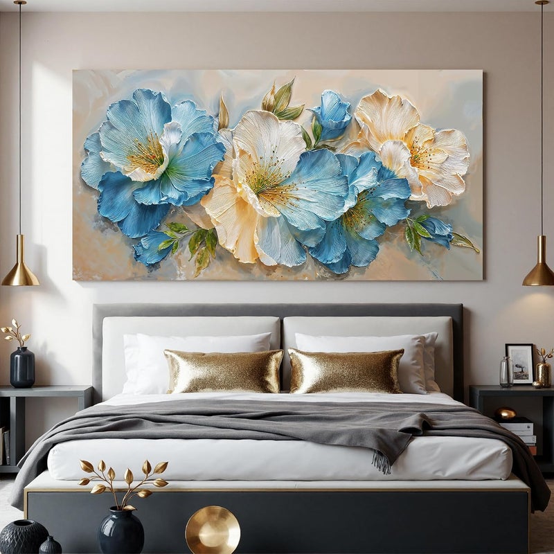 ARS Framed Canvas Wall Art Decor White Blue Flower Wall Art Decor For Living Room Green Botanical Wall Decor Art Paintings Prints Modern Aesthetics Wall Art For Home Bedroom Office Room Wall Decor - Image 3
