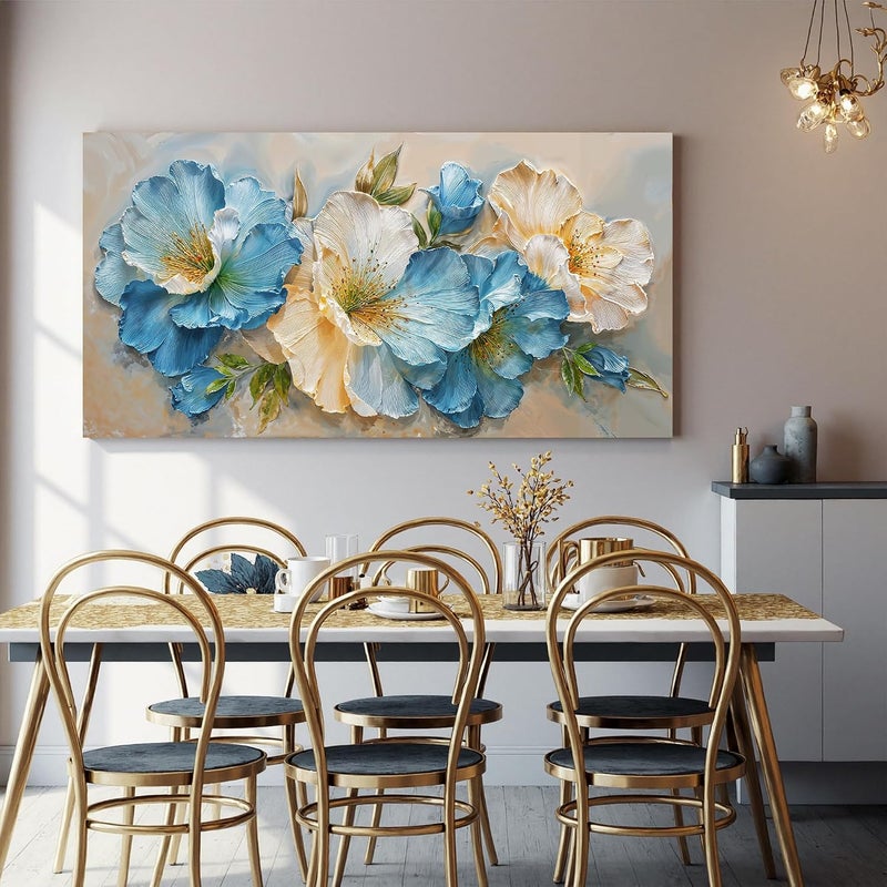 ARS Framed Canvas Wall Art Decor White Blue Flower Wall Art Decor For Living Room Green Botanical Wall Decor Art Paintings Prints Modern Aesthetics Wall Art For Home Bedroom Office Room Wall Decor - Image 2