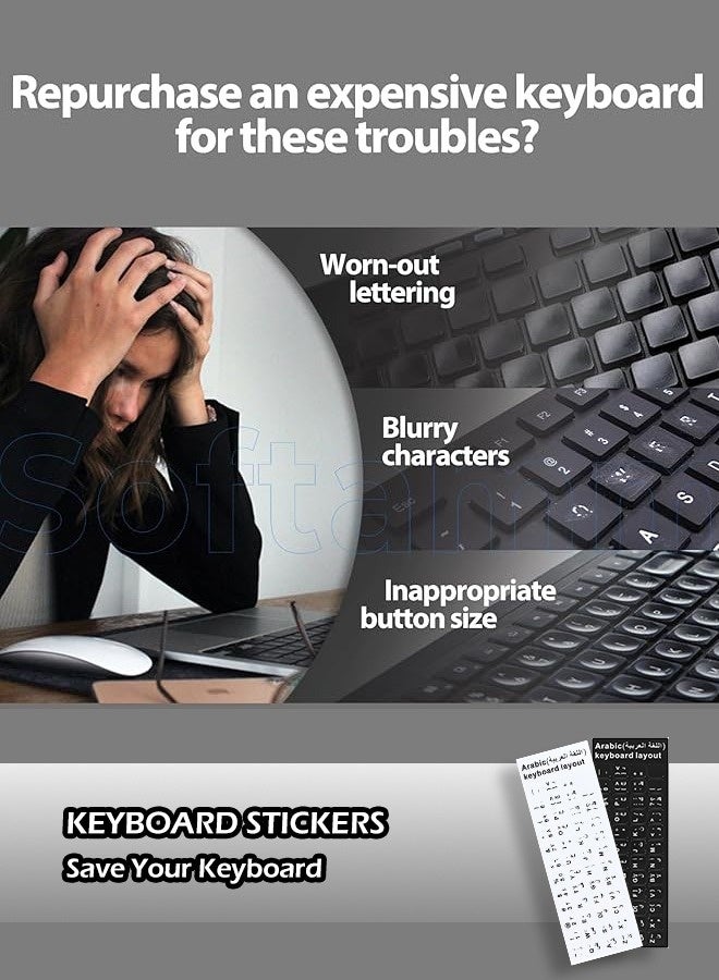 2PCS Arabic Keyboard Stickers Arabic-English Keyboard Letters Replacement Stickers Black Background with White Font for Computer Laptop Notebook Desktop Matte Arabic Keyboard Alphabet Stickers - Image 3