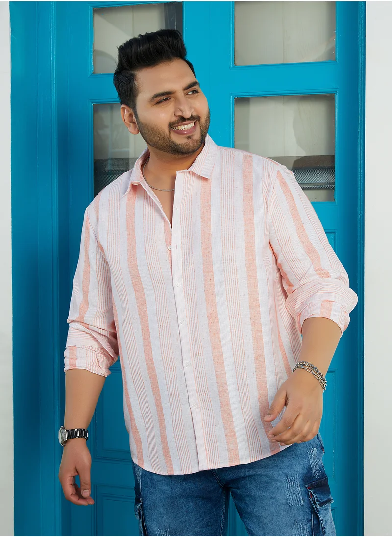 انستافاب بلس Instafab Plus Men's Apricot Orange Pincandy-Striped Regular Shirt For Casual Wear | Spread Collar | Long Cuffed Sleeves | Button Closure | Plus Size Shirt Crafted With Comfort Fit For Everyday Wear