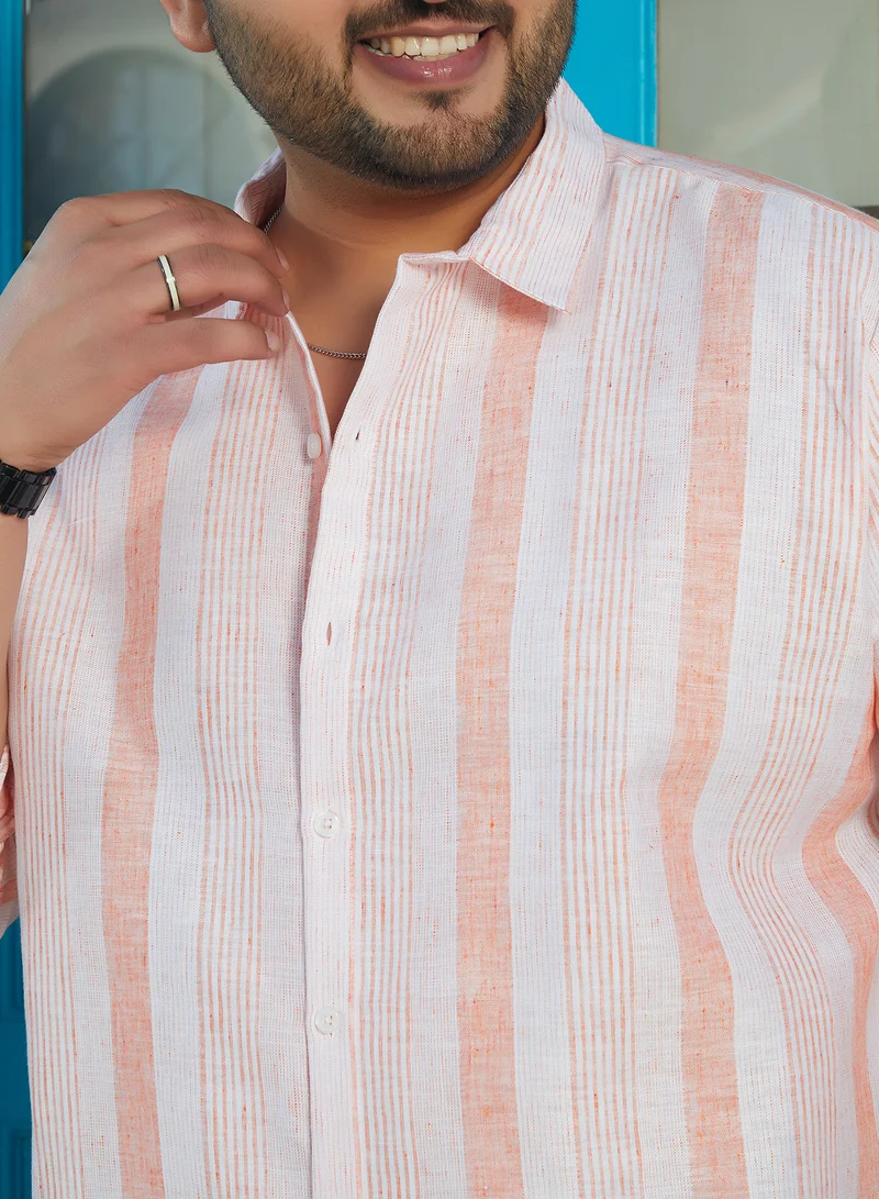 Instafab Plus Instafab Plus Men's Apricot Orange Pincandy-Striped Regular Shirt For Casual Wear | Spread Collar | Long Cuffed Sleeves | Button Closure | Plus Size Shirt Crafted With Comfort Fit For Everyday Wear