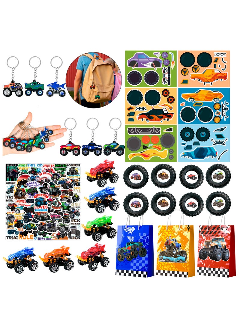 FRUITFUL PARTY Monster Truck Favors for 12 Guests, 110pcs Monster Truck Party Favors Including Monster Truck Theme Keychain Bags Stickers Toys Ring etc Monster Truck Birthday Party Favors - Image 1
