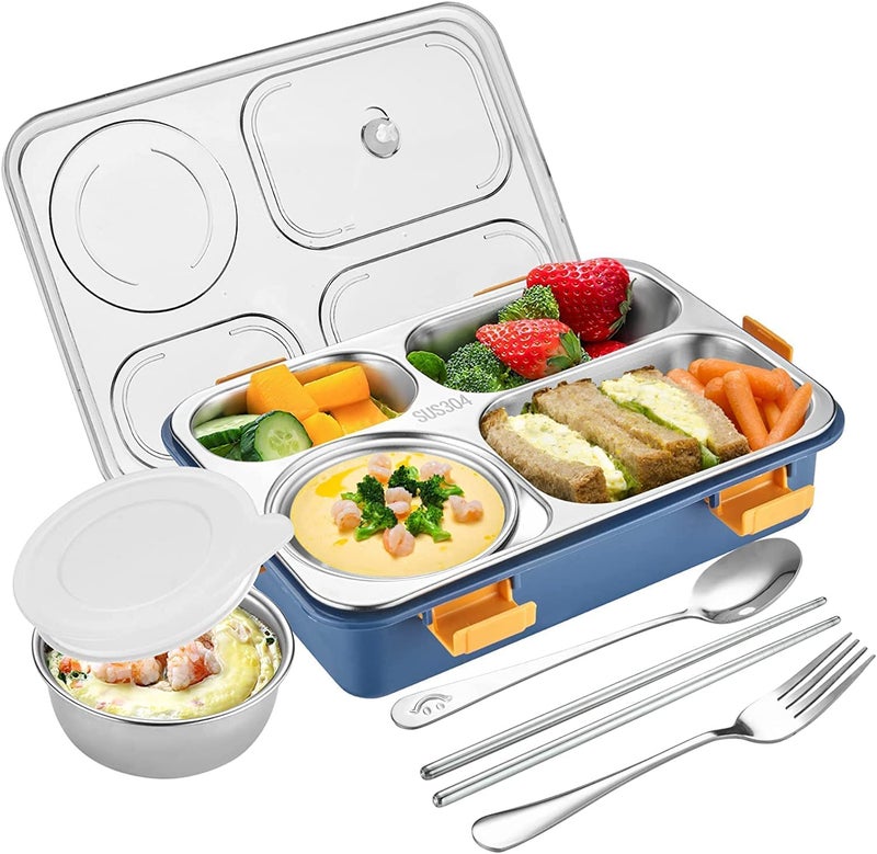 Brand Conquer صندوق غداء 4 أقسام مقاوم للتسرب خالي من BPA من الفولاذ المقاوم للصدأ للمدرسة، صندوق غداء للمدرسة والمكتب مع شوكة وملعقة وزوج من عيدان الطعام (أزرق، 4 أقسام) - Image 1