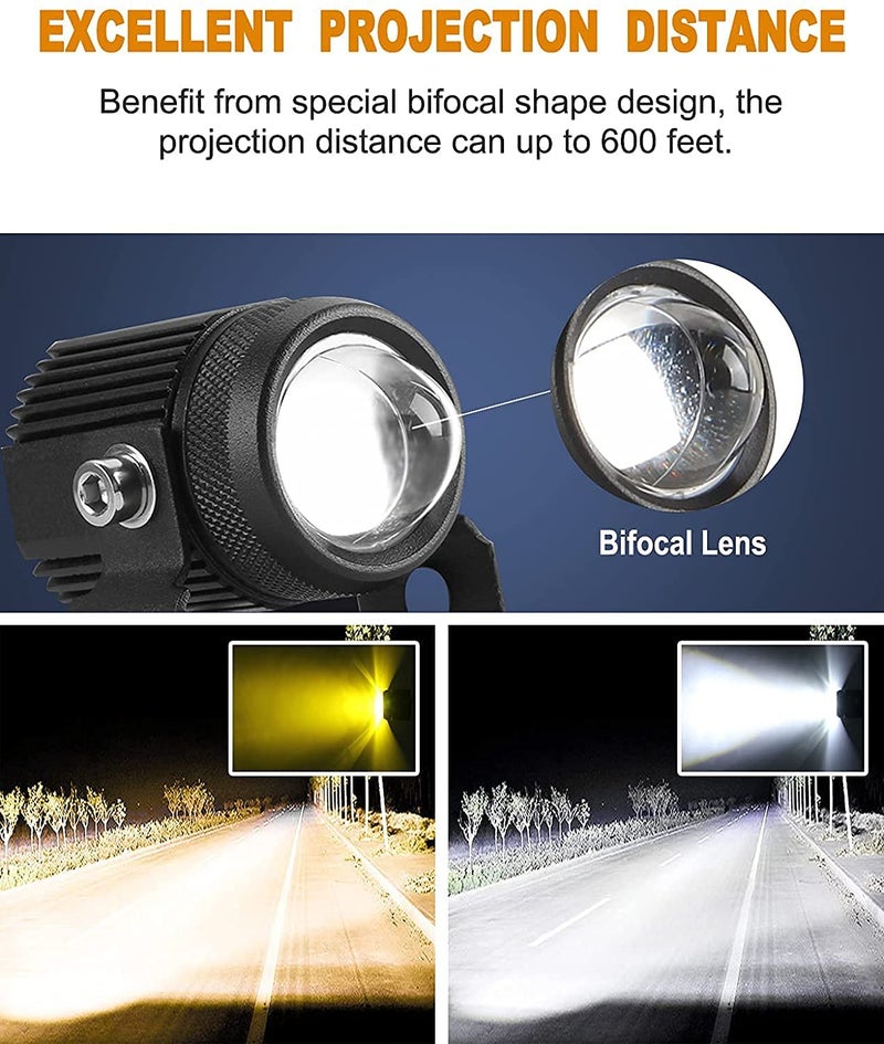 SORAX Mini LED Driving Fog Lights, Motorcycle Auxiliary Spot Lights 60W Amber and White Projector High Low Beam 1.3'' Headlights Replacement for All Motorbike Cars SUV ATV (Pack 2) - Image 2