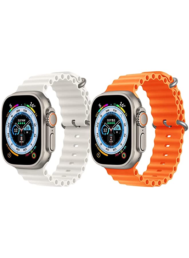 vesus Silicone Ocean Band Strap for Apple Watch Ultra 8 49mm White Single Color Strap with Orange Single Color Strap Set of 2