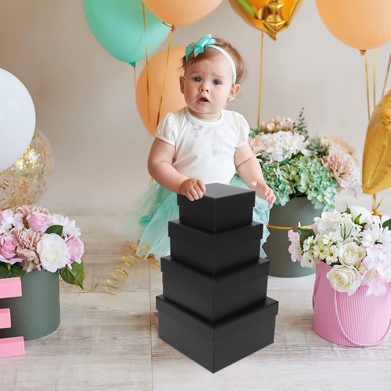 CHARMGIFTBOX 4 مجموعة من صناديق الهدايا الكبيرة القابلة للتكديس مع أغطية، مقاسات متنوعة من 3.7 إلى 6.4 بوصة، صندوق هدايا مربع أسود، صناديق قابلة للتكديس لتغليف هدايا أعياد الميلاد وحفلات الزفاف وعيد الميلاد والحفلات. - Image 2