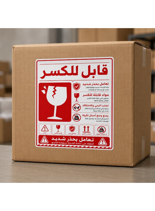 ملصقات تحذير للشحن ذاتية اللصق "قابل للكسر - يُرجى التعامل بعناية فائقة"، تصميم عربي احترافي وواضح باللون الأحمر لتأمين وحماية الشحنات الحساسة، مقاس عملي 8 × 12 سم، عبوة تحتوي على 50 قطعة - Image 3