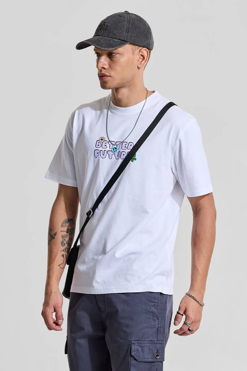 سنيتش White Graphic Half Sleeve Regular Fit Streetwear T-Shirt
