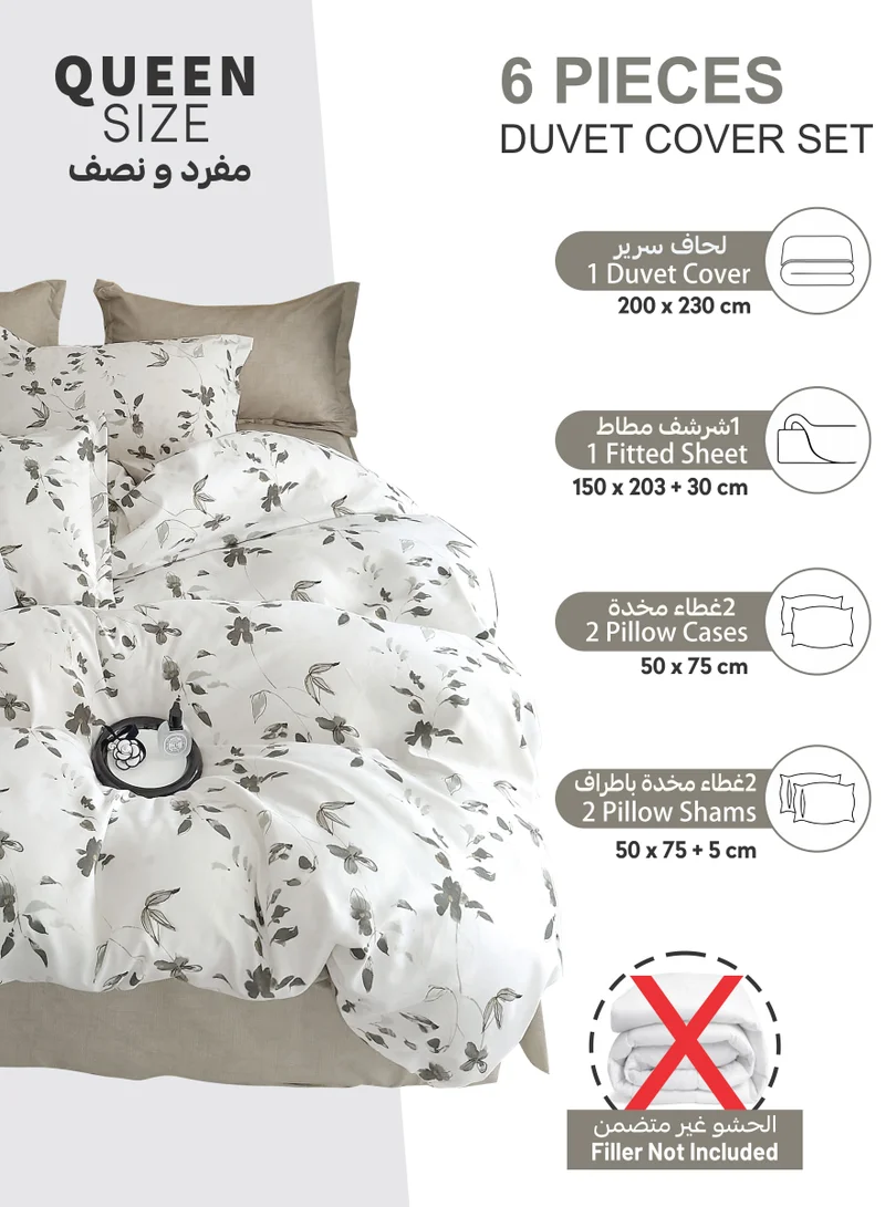 Donetella Printed Duvet Set, Queen Size 200x230 cm - 6-Pcs Bed Set, Microfiber Fabric - 1 Duvet Cover, 1 Fitted Sheet, 2 Pillow Shams, 2 Pillowcases (Filler Not Included)