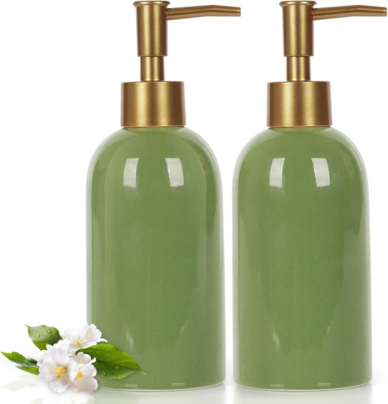Natheeph 14OZ Ceramic Soap Dispenser Ceramic Soap Pump Dispenser Can Fill Liquid for Bathroom/Kitchen (2PC Green) - Image 1