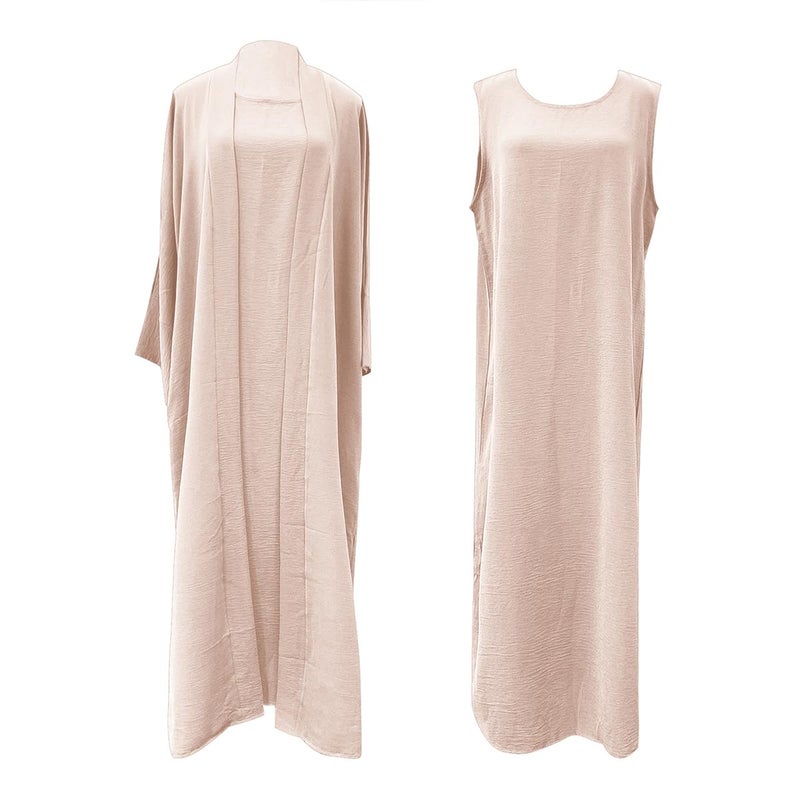 khalat 2PCS Women's Muslim Dresses Abaya Islamic Dubai Prayer Dress Robe Long Cardigan Maxi Dress Beige - Image 5