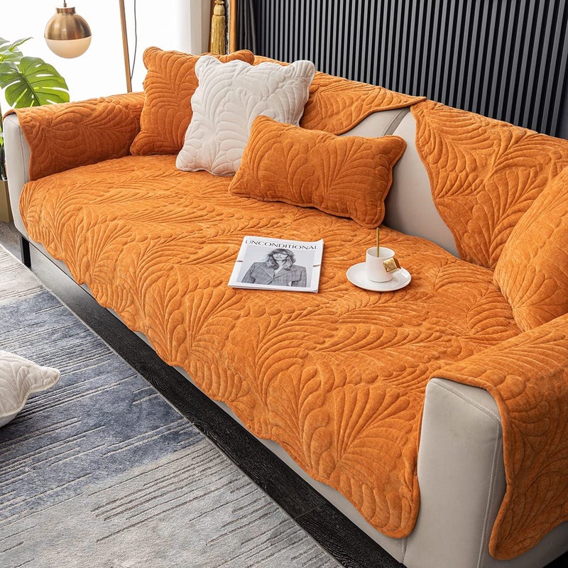 XSlive Palm Leaves Sofa Couch Cover Chenille Plush Quilted Sectional Couch Cover 1-Piece Non Slip Soft Sofa Slipcover Furniture Protector for Pets Kids Children Dog Cat (Orange,28"x28") - Image 3