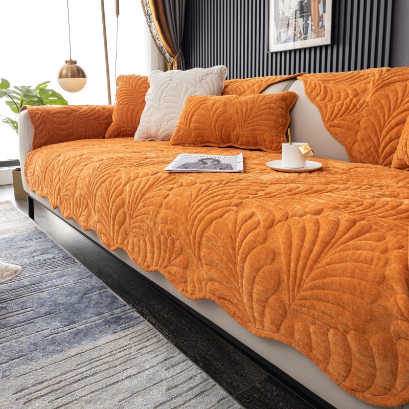 XSlive Palm Leaves Sofa Couch Cover Chenille Plush Quilted Sectional Couch Cover 1-Piece Non Slip Soft Sofa Slipcover Furniture Protector for Pets Kids Children Dog Cat (Orange,28"x28") - Image 1