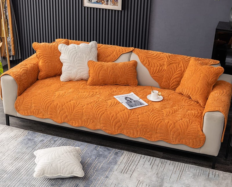 XSlive Palm Leaves Sofa Couch Cover Chenille Plush Quilted Sectional Couch Cover 1-Piece Non Slip Soft Sofa Slipcover Furniture Protector for Pets Kids Children Dog Cat (Orange,28"x28") - Image 5
