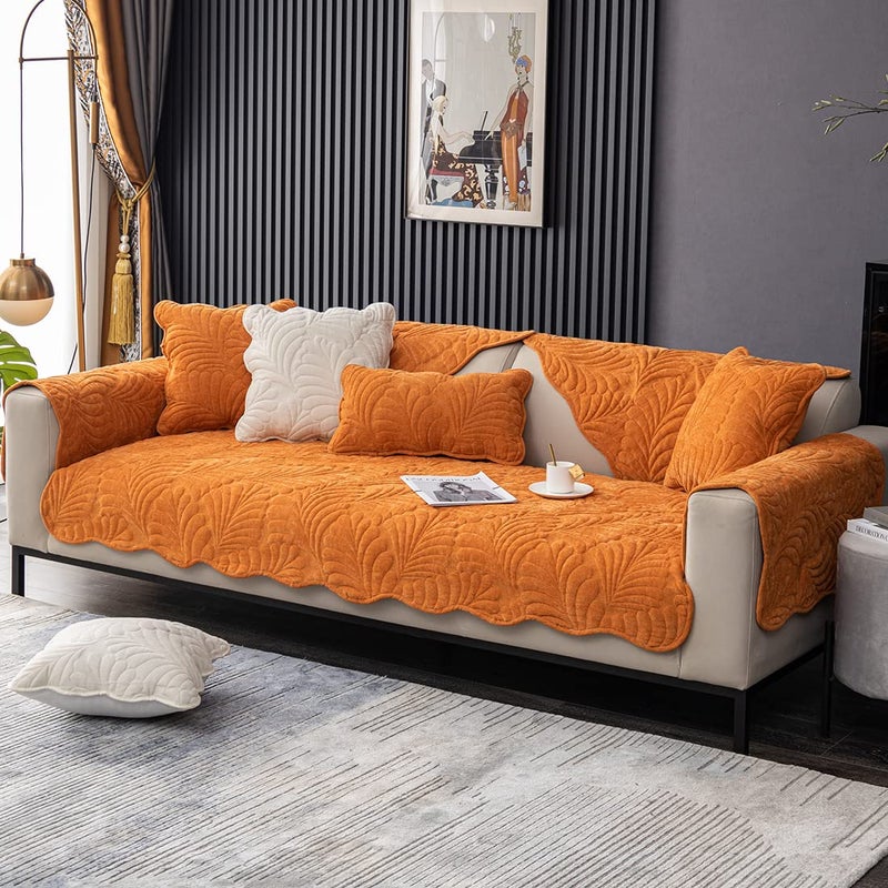 XSlive Palm Leaves Sofa Couch Cover Chenille Plush Quilted Sectional Couch Cover 1-Piece Non Slip Soft Sofa Slipcover Furniture Protector for Pets Kids Children Dog Cat (Orange,28"x28") - Image 4