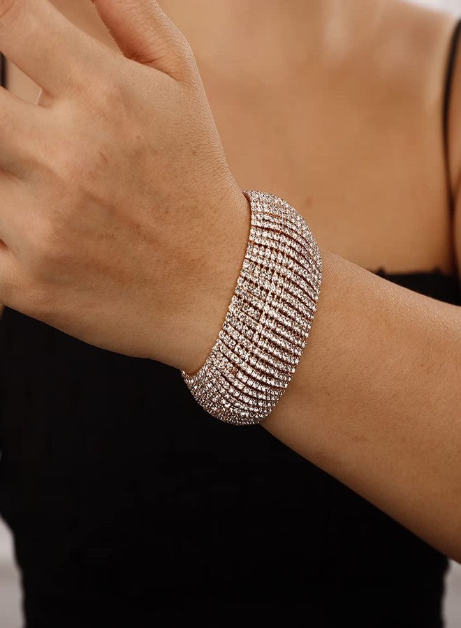 Denifery Crystal Rhinestones Cluster Wide Bangle Bracelet Rhinestone Stackable Stretch Bracelets for Women (Gold) - Image 2