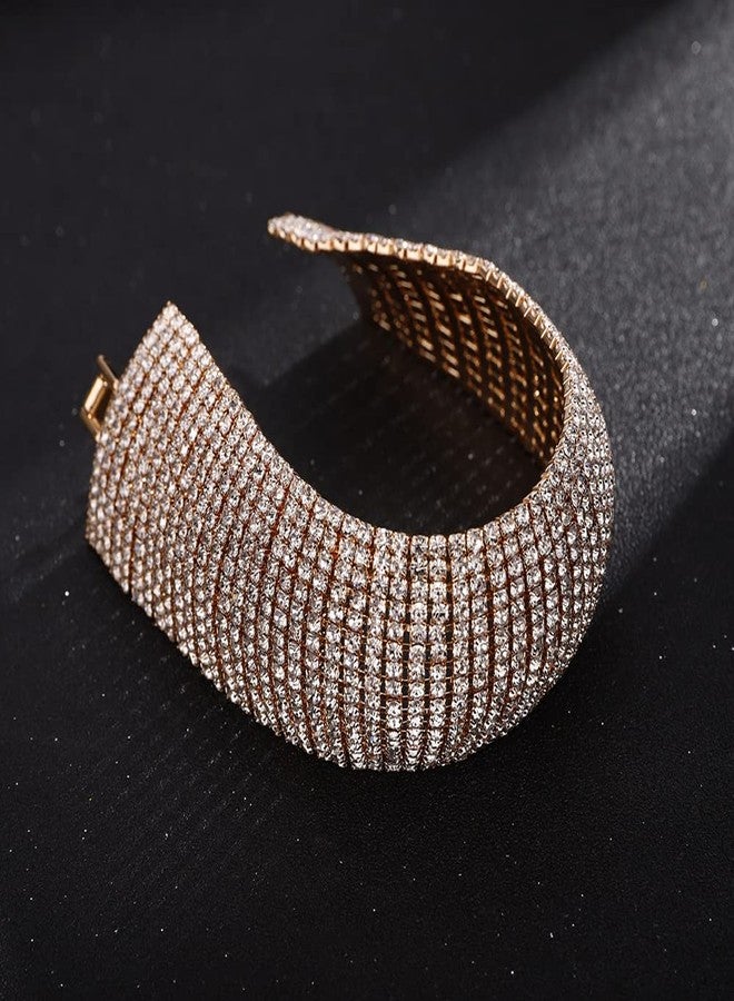 Denifery Crystal Rhinestones Cluster Wide Bangle Bracelet Rhinestone Stackable Stretch Bracelets for Women (Gold) - Image 5