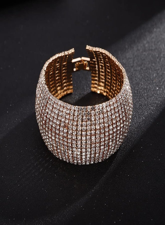 Denifery Crystal Rhinestones Cluster Wide Bangle Bracelet Rhinestone Stackable Stretch Bracelets for Women (Gold) - Image 4