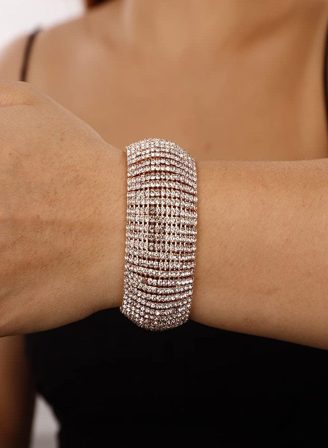 Denifery Crystal Rhinestones Cluster Wide Bangle Bracelet Rhinestone Stackable Stretch Bracelets for Women (Gold) - Image 3