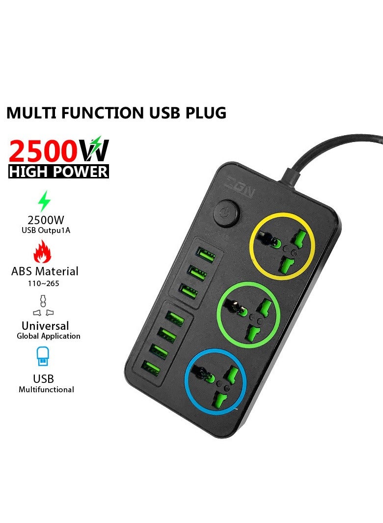 Multi functional socket power board, 7-hole USB, three sockets, intelligent wiring board for home and office use, 2500W high-power extension board with 2-meter extension cable, desktop USB charging station, suitable for all electronic devices, black color - Image 1