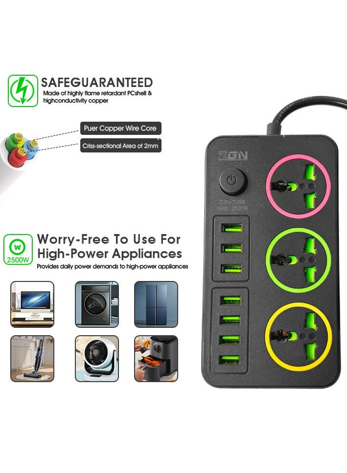 Multi functional socket power board, 7-hole USB, three sockets, intelligent wiring board for home and office use, 2500W high-power extension board with 2-meter extension cable, desktop USB charging station, suitable for all electronic devices, black color - Image 2