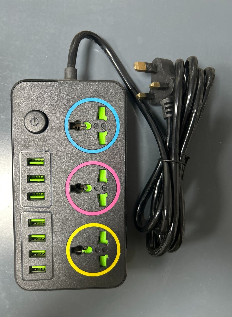 Multi functional socket power board, 7-hole USB, three sockets, intelligent wiring board for home and office use, 2500W high-power extension board with 2-meter extension cable, desktop USB charging station, suitable for all electronic devices, black color - Image 4