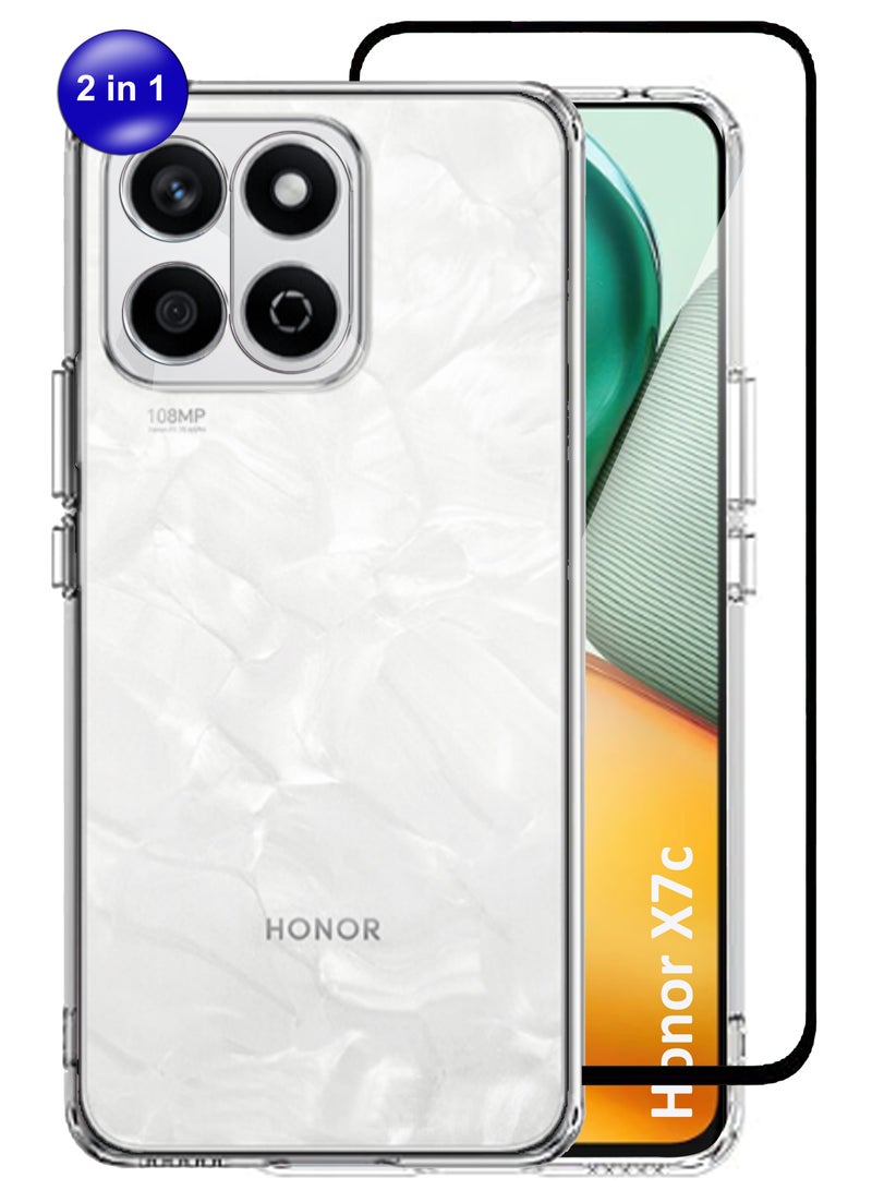 Honor X7c - 2in1 Pack Soft Flexible Transparent Silicone Protective Back Case Cover And Tempered Glass Screen Protector - Image 1