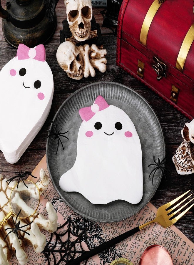 JarThenaAMCS 100Pcs Halloween Ghost Napkins White Pink Ghost Shape Paper Napkins Cute Boo Disposable Dinner Hand Napkins for Halloween Baby Shower Party Supplies - Image 5
