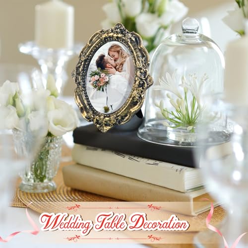 Maitys 5 Pcs Mini Picture Vintage Frames with Stands Tiny Antique Photo Baroque Ornate Resin Oval Frame Table Top Display Home Wedding Decor Black Gold - Image 3