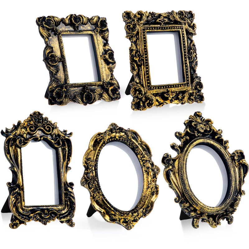 Maitys 5 Pcs Mini Picture Vintage Frames with Stands Tiny Antique Photo Baroque Ornate Resin Oval Frame Table Top Display Home Wedding Decor Black Gold - Image 2