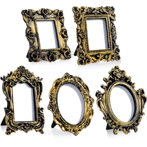 Maitys 5 Pcs Mini Picture Vintage Frames with Stands Tiny Antique Photo Baroque Ornate Resin Oval Frame Table Top Display Home Wedding Decor Black Gold - Image 1