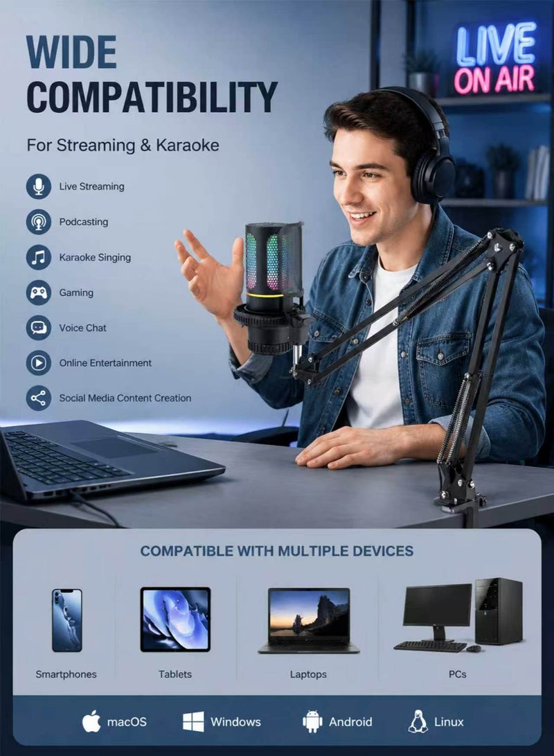 دراكلاو ميكروفون ألعاب USB، ميكروفون مكثف بخاصية إلغاء الضوضاء مع كتم الصوت، وتحكم في مستوى الصوت، ومراقبة الصوت، وذراع ميكروفون قابل للتعديل للبث المباشر، والبودكاست، وتويتش، ويوتيوب، وديسكورد، وأجهزة الكمبيوتر الشخصية، وبلاي ستيشن 4، وبلاي ستيشن 5، وماك - Image 2