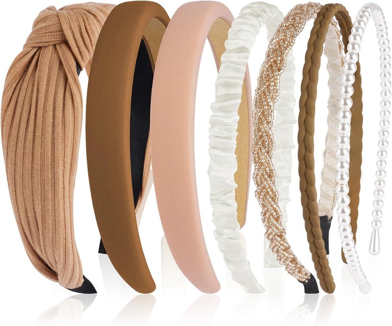 طقم أربطة رأس نسائية من 7 قطع من لوفه مزينة باللؤلؤ ومبطنة ولامعة ورفيعة ومضفرة لموديلات متنوعة للنساء والفتيات