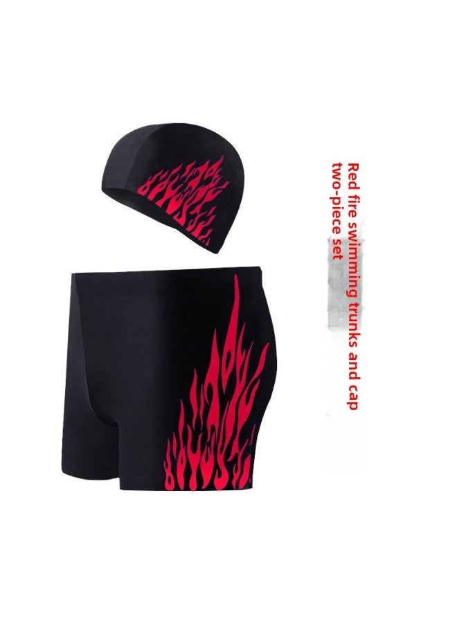 Generic Swimming Trunks Men's Anti-embarrassment Plus Size Quick-drying Loose Hot Spring Swimsuit Equipment Suit-Color:Red Fire + Cap (set Of Two)-Size:L( 40-50kg ) Refuse To Be Shoddy - Image 1