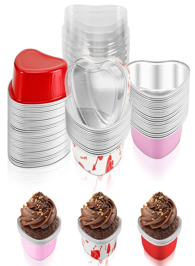 AUGSUN Valentine's Day Baking Cups with Lids, Heart Cake Pan Set, Heart Cake Pan Set Reusable Aluminum Foil Molds for Cupcakes and Cookies Valentine's Day Desserts - Image 1